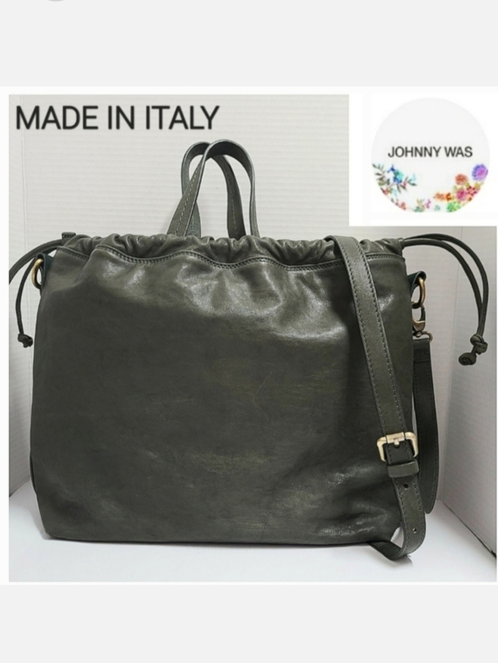 Johnny Was Cinch Pouch Italian Leather Crossbody Bag Deep Sage Green